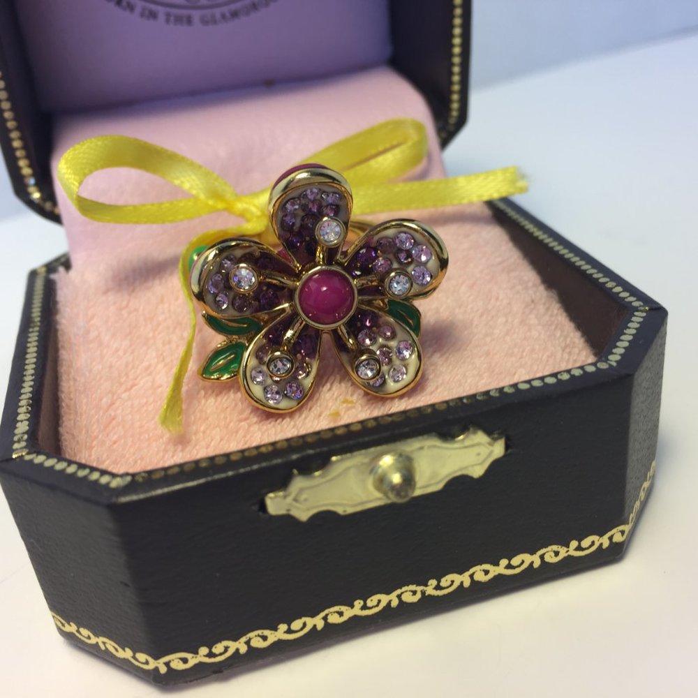 Juicy Couture Gold Flower Ring with Pink and Purple Crystals